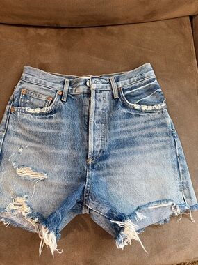 Agolde Light Blue Distressed High-Rise Jean Shorts